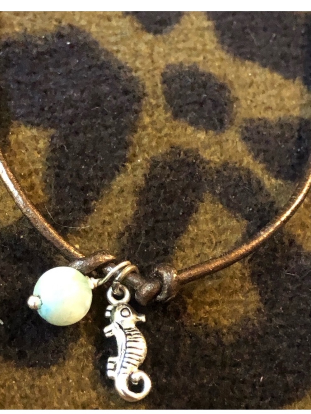 Leather Cord braclet with Opal Bead and Seahorse Charm - Brown